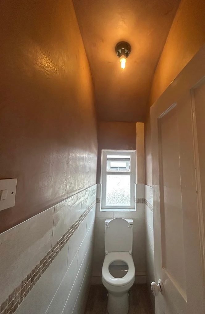 Downstairs toilet with freshly plastered walls above tiling